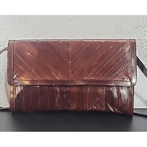 Vintage Genuine Eel Skin Clutch/Purse Burgundy Chevron Snap Zip Pockets Strap